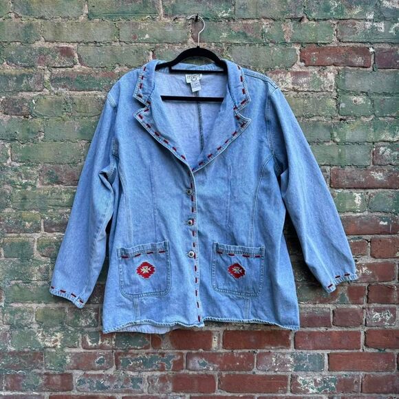 Vintage‎ 90s Denim Blazer Women's Plus Size 1X Cervelle Embroidered Western - Picture 1 of 7